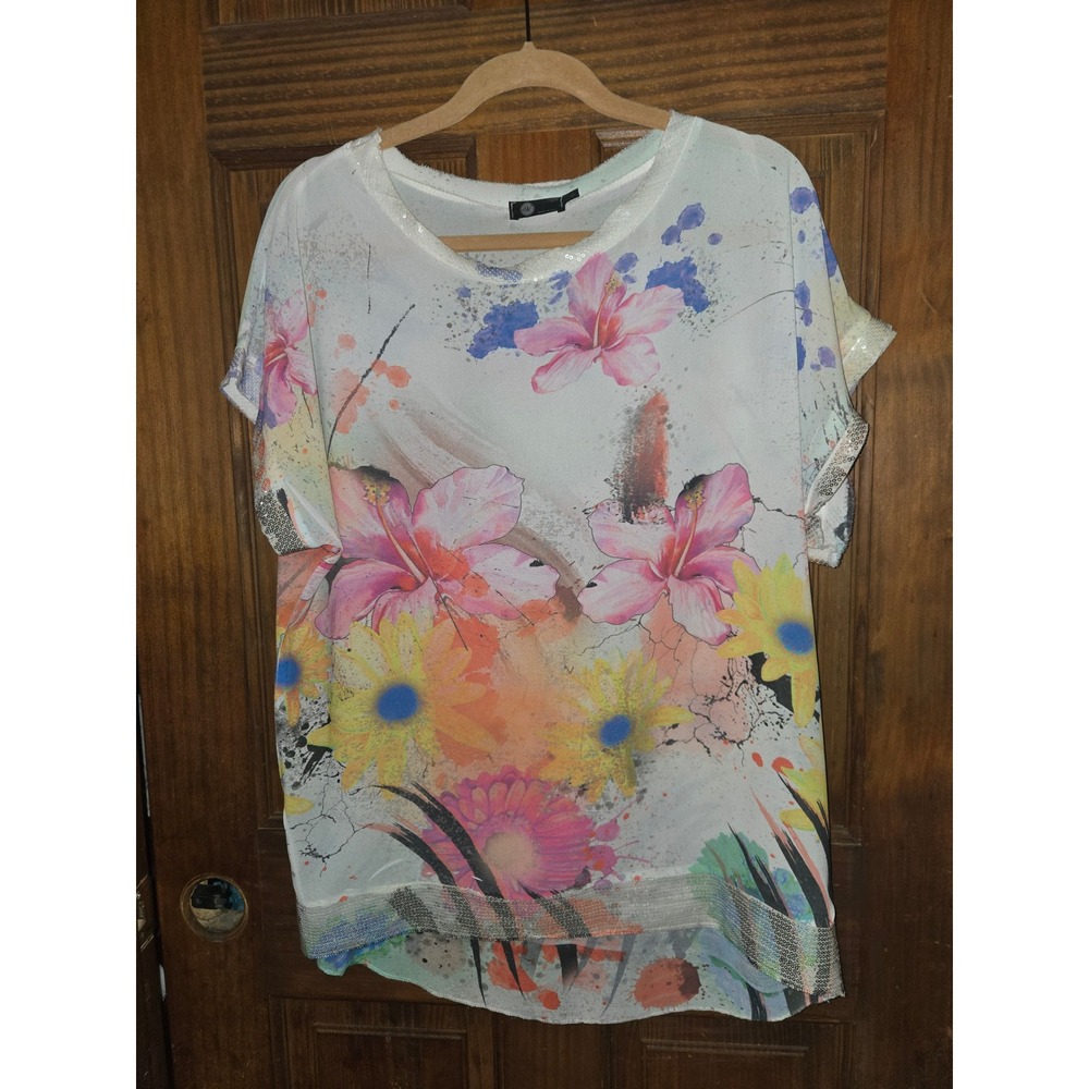 M Made In Italy Floral Sequin Trim Short Sleeve Top White‎ Pink Small Tropical